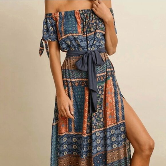 Dress Forum Dress Womens Small Blue Boho Floral Patchwork Maxi Tie Belt Peasant - Picture 1 of 12